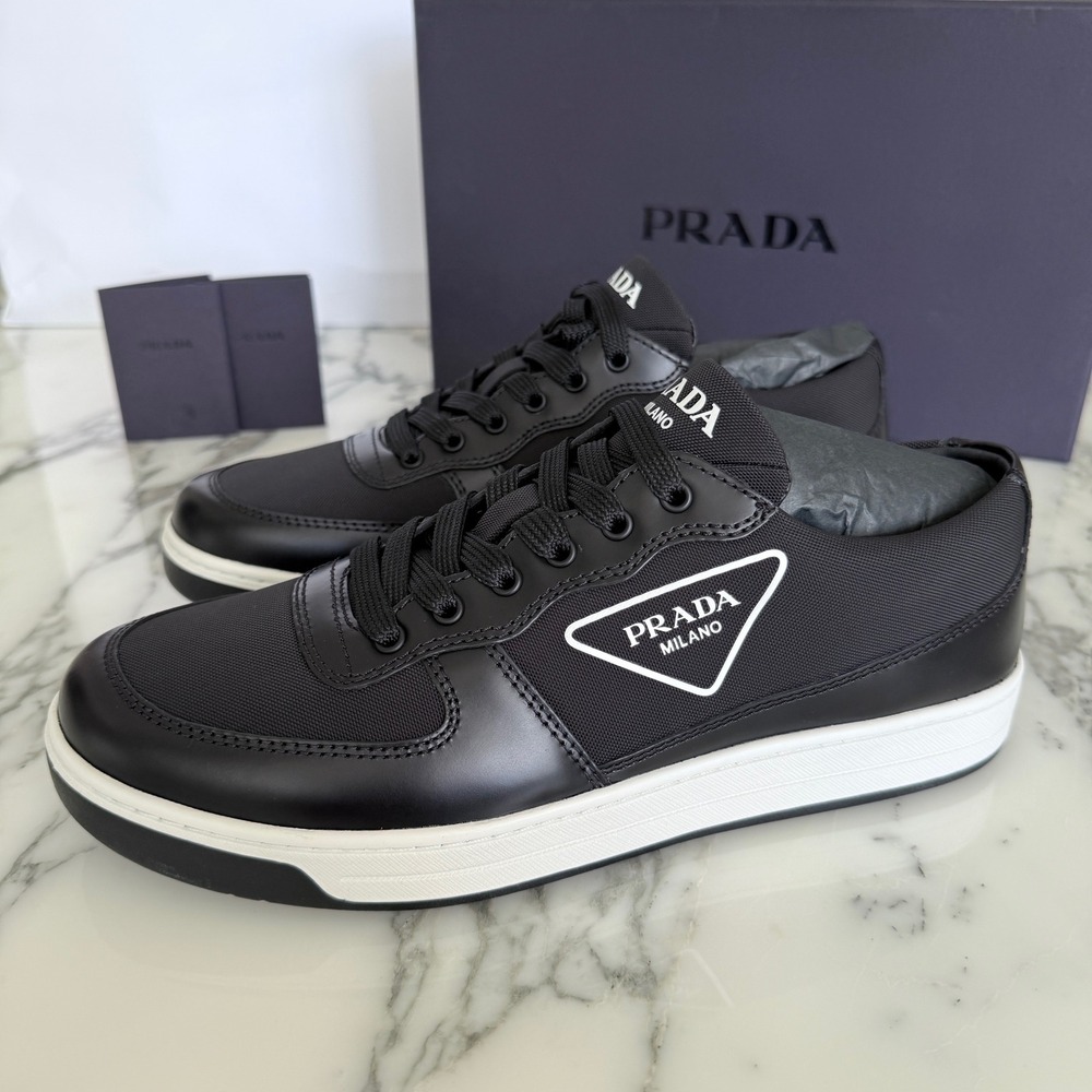 Prada Re-Nylon Leather Sneakers Black White Logo Low Top 2EG401 Mens Size US 7